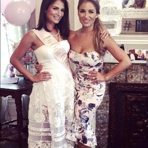 ASOS Pink and Gray floral bandeau pephem midi dress